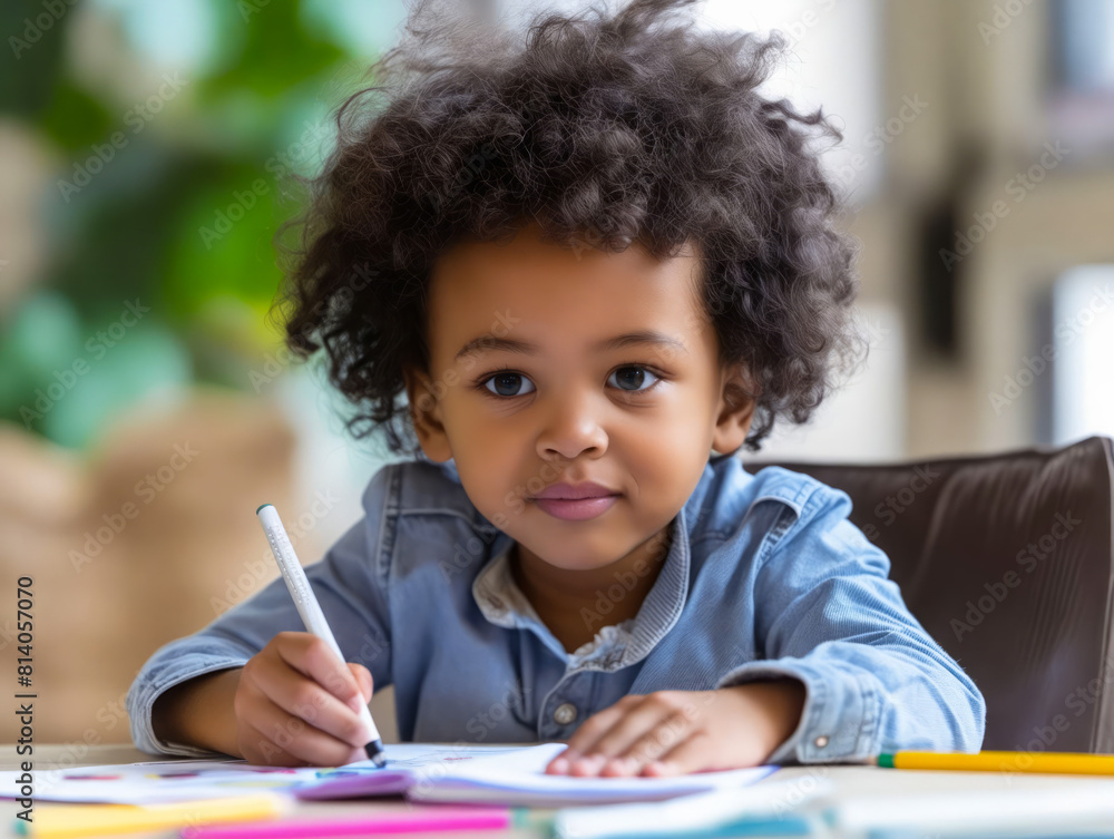 A young child is writing with a pencil. A young child is writing with a pencil.