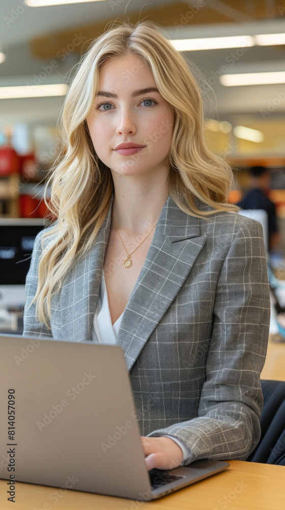 beautiful young business woman, wearing a grey suit, with blonde long wavy hair. Working on her laptop at the office. Manager. entrepreneur. Success. beautiful young business woman, wearing a grey suit, with blonde long wavy hair. Working on her laptop at the office. Manager. entrepreneur. Success.