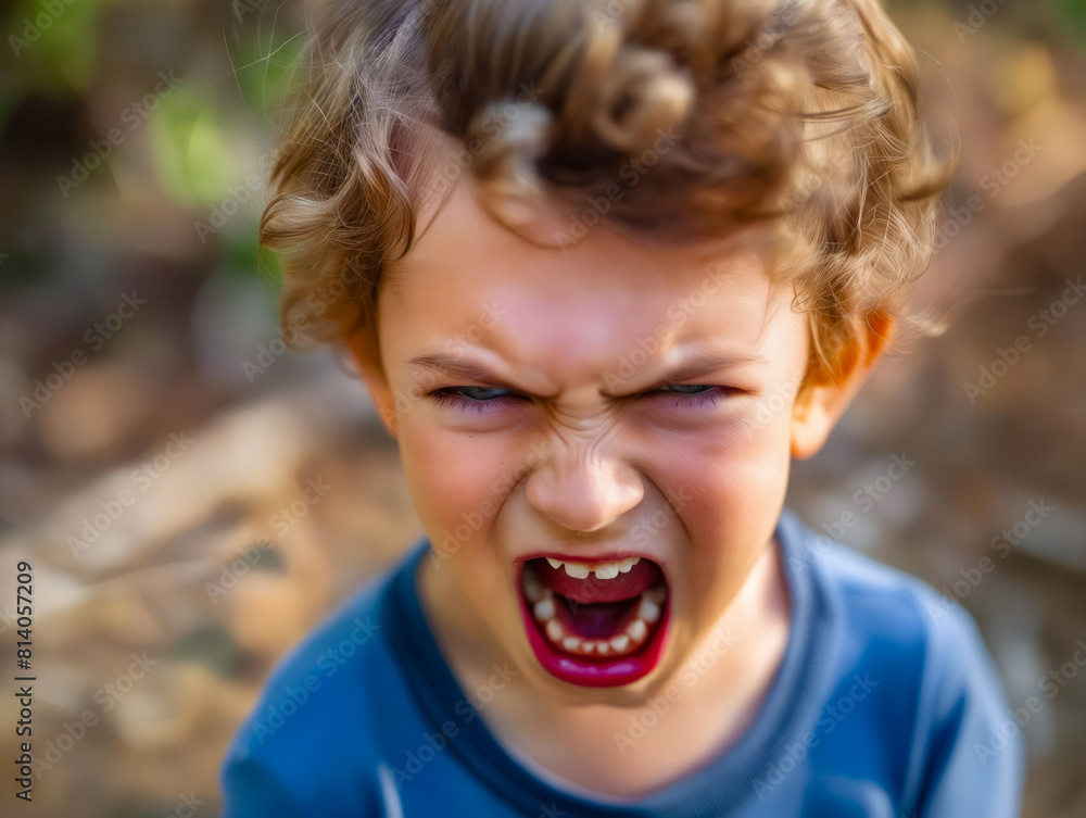 A young boy is screaming in the woods. A young boy is screaming in the woods.