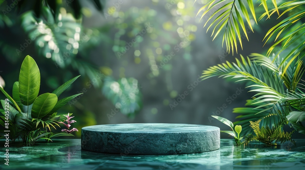 Luxurious Green Podium: 3D Display Stand with Minimalist Plant Design Against a Green Abstract Studio Background Luxurious Green Podium: 3D Display Stand with Minimalist Plant Design Against a Green Abstract Studio Background