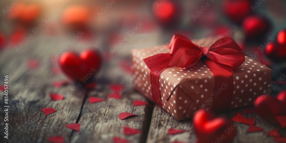 Romantic Valentine's Day gift banner or a rustic DIY present for Dad on Father's Day. Cute polka dot wrapped box with a red ribbon, surrounded by hearts and confetti on a wooden table background Romantic Valentine's Day gift banner or a rustic DIY present for Dad on Father's Day. Cute polka dot wrapped box with a red ribbon, surrounded by hearts and confetti on a wooden table background