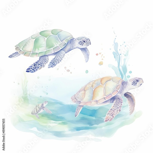 A beautiful watercolor painting of a family of sea turtles swimming in the ocean