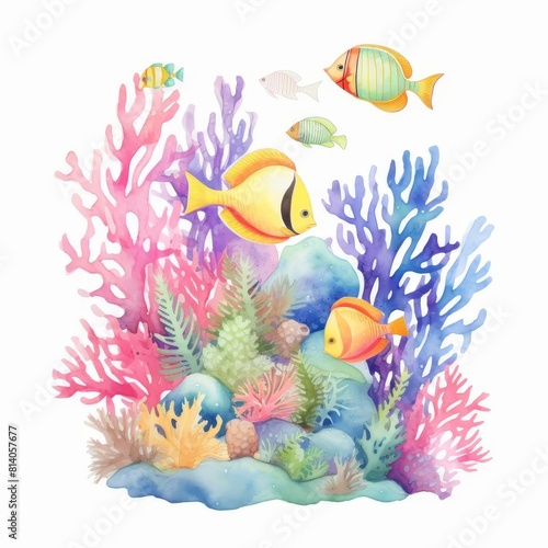 A watercolor painting of a colorful coral reef with tropical fish on white background