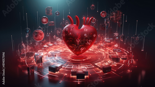 heart on neon technology background.