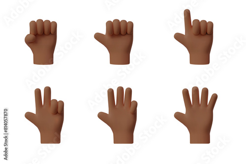 3D hand shows fingers counting from one to five, hands gesture of numbers, palm with raised fingers arithmetic icons set
