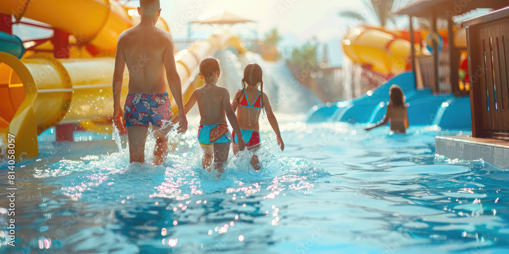 Happy children in the pool, in the water park. Summer holiday, vacation concept Happy children in the pool, in the water park. Summer holiday, vacation concept