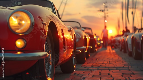 Sunrise over a vintage car rally, where past speed meets present beauty
