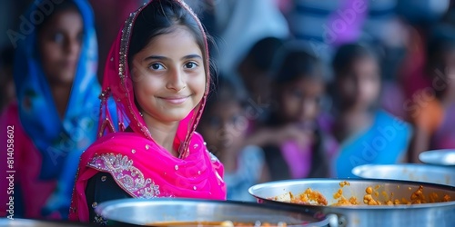 Indian girl embodying the spirit of mutual aid while volunteering at a langar on Baisakhi. Concept Volunteering, Langar, Baisakhi, Indian girl, Mutual aid photo