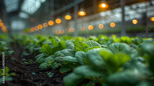A modern greenhouse equipped with AI-driven climate control systems, cultivating rows of thriving plants and vegetables under optimal conditions. photo