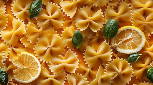 Lively arrangement of uncooked bow-tie pasta on a bright orange background, accented with fresh basil leaves and slices of lemon. dDelicious and nutritious essence of Italian cuisine. photo