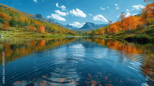 A serene mountain lake nestled among lush green hills, its glassy surface reflecting the azure sky above and the vibrant colors of autumn foliage along its banks. A gentle breeze ripples 