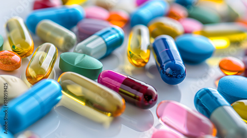 Vibrant Macro Lens Photography of Colorful Medicine Capsules and Tablets or Pills on White Tabletop; Concept of Health Care Science and Medical Innovation