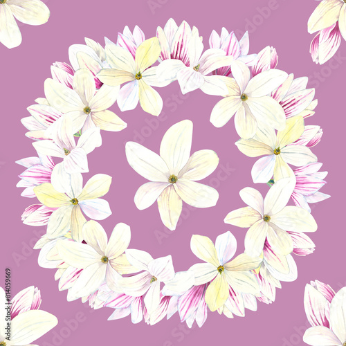 Seamless pattern of watercolor Magnolia blooming flowers wreath. Botanical hand painted floral elements. Hand drawn illustration. On   pink background. For fabric  wrapping paper  wallpaper decoration