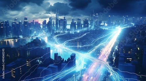 A network of fiber optic cables transmitting data at lightning speed across a futuristic cityscape.