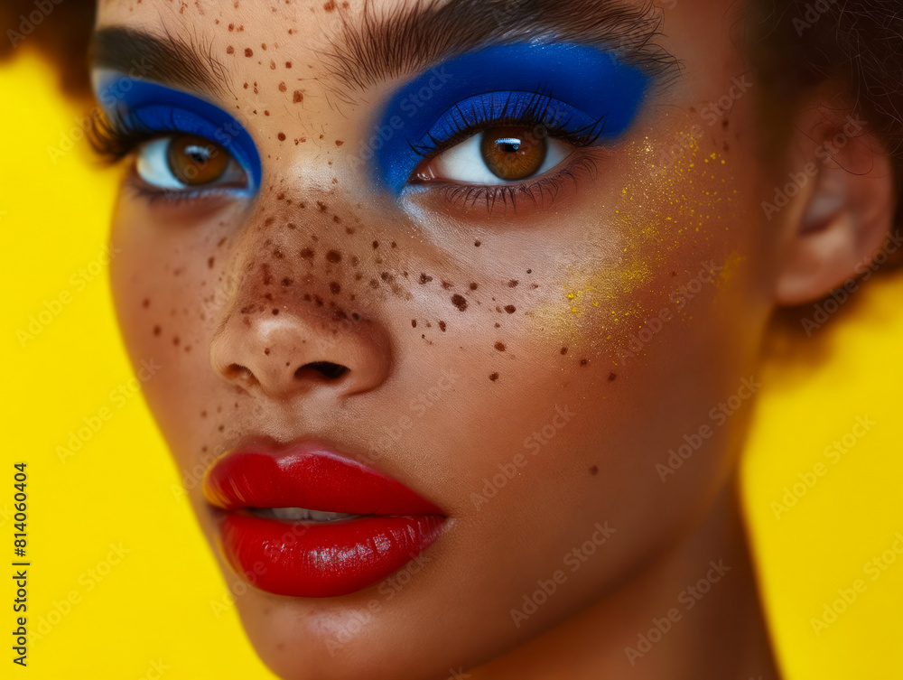 A woman with blue and red makeup. A woman with blue and red makeup.