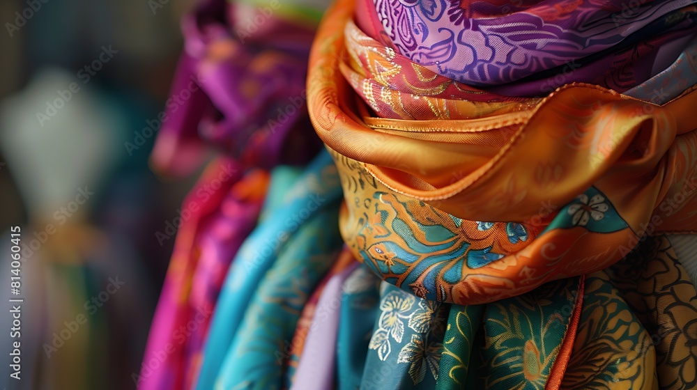 A stack of colorful silk scarves draped elegantly over a mannequin, each one a statement piece