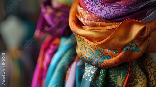 A stack of colorful silk scarves draped elegantly over a mannequin, each one a statement piece