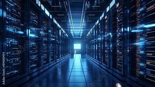 A panoramic view of a high-tech data center with rows of servers humming with activity.