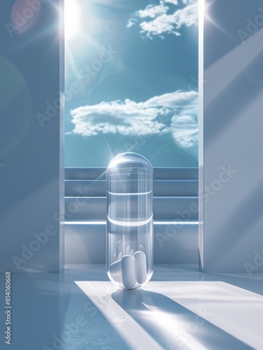 Modern science. Hospital. Revolutionary technology. Transparent container in the shape of a pill  with medication inside. Cure for disease. Health care. Wellbeing. Dreamy background with clear sky.