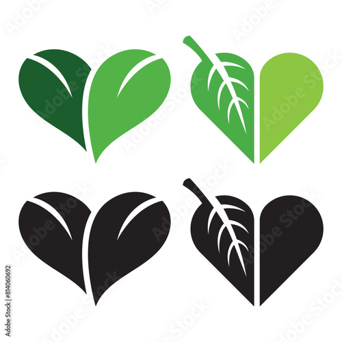 heart shaped leaves icons, green and black logos,isolated vector illustration, design elements for eco,natural,vegan,bio themes
