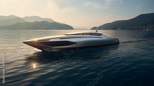 A sleek and modern electric yacht gliding gracefully across calm waters. © Ansar