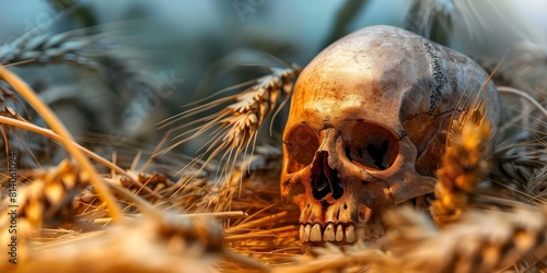 Global warming causes famine with a skull lying in a wheat field. Concept Climate Change, Famine Crisis, Agriculture Impact, Environmental Catastrophe, Food Scarcity