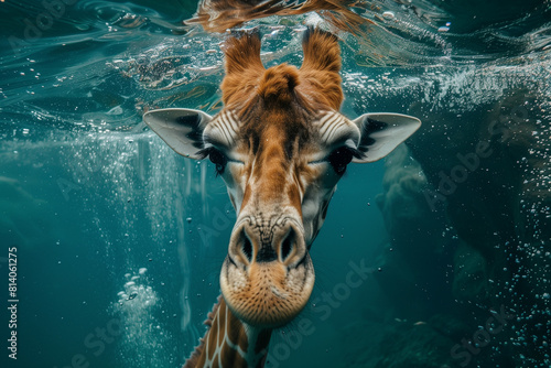 Head of giraffe animal underwater.