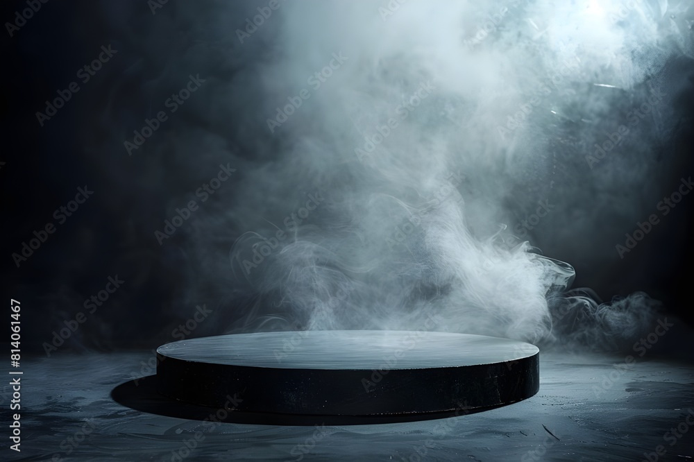 
Podium black dark smoke background product platform abstract stage texture fog spotlight. Dark black floor podium dramatic empty night room table concrete wall scene place display studio smoky


