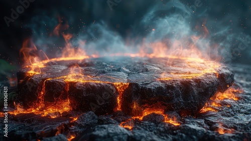 Volcanic Eruption Podium: Fiery Magma Display Amidst Rock and Lava Background
