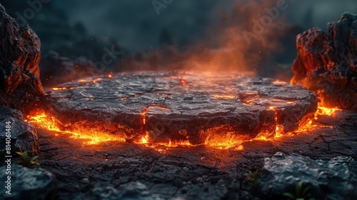 Volcanic Eruption Podium: Fiery Magma Display Amidst Rock and Lava Background