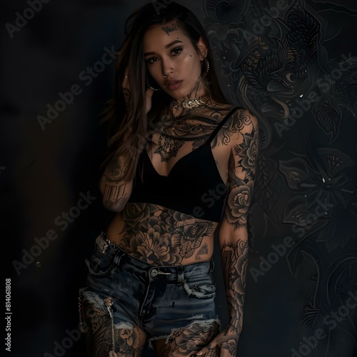 Woman with full body tattoos poses with various designs on dark background. Concept Tattoos, Body Art, Dark Background, Portrait Photography, Female Model photo