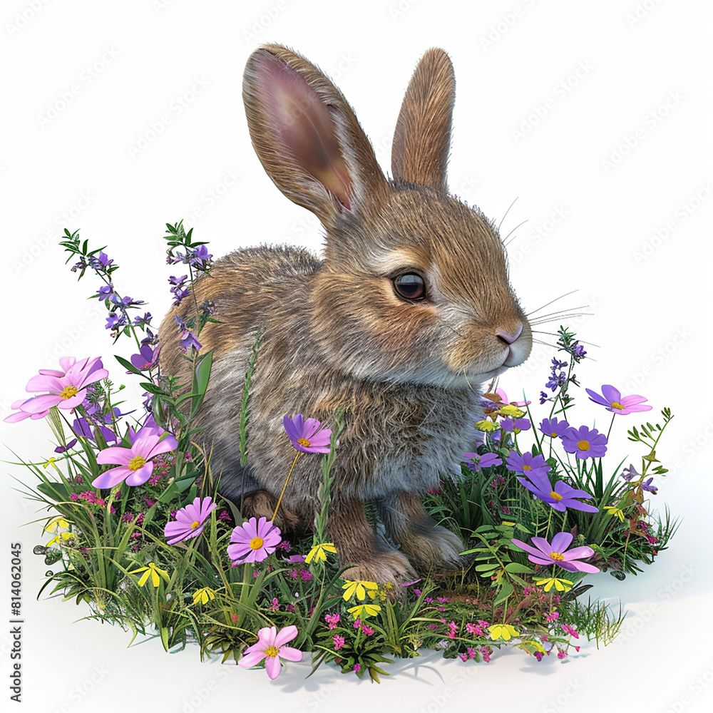 Fototapeta premium A rabbit is sitting in a field of flowers