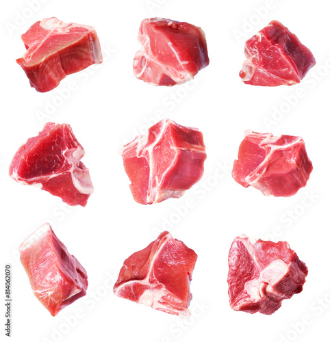 Set of raw beef meat steaks close up isolated on a white background