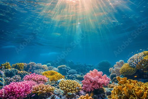 A colorful coral reef with a variety of fish and sea creatures