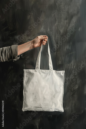 A hand holding a white canvas bag