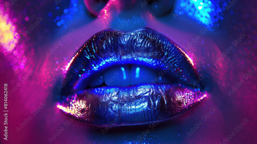 Metallic silver lips with blue and purple neon lights. Trendy woman wearing glow-in-the-dark makeup. Colorful metal and glitter makeup. Metallic silver lips with blue and purple neon lights. Trendy woman wearing glow-in-the-dark makeup. Colorful metal and glitter makeup.