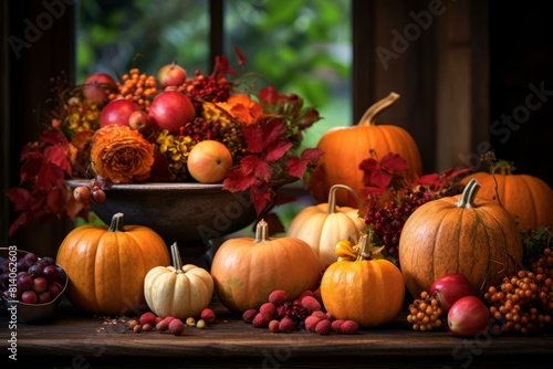 Festive Thanksgiving celebration table harvest. Wood autumn. Generate Ai