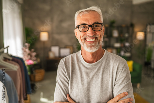 Portrait of one mature senior caucasian man stand and smile at home © Miljan Živković