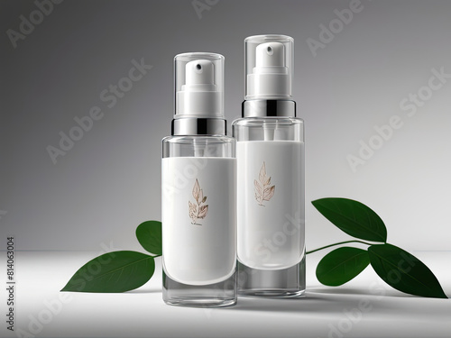 Mockup of cosmetic product with green leaves in 3d illustration