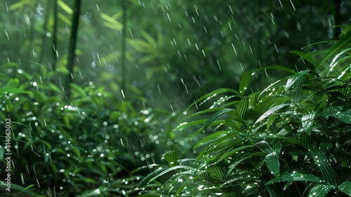 a dense undergrowth in a bamboo forest, moments after a rainfall. photo