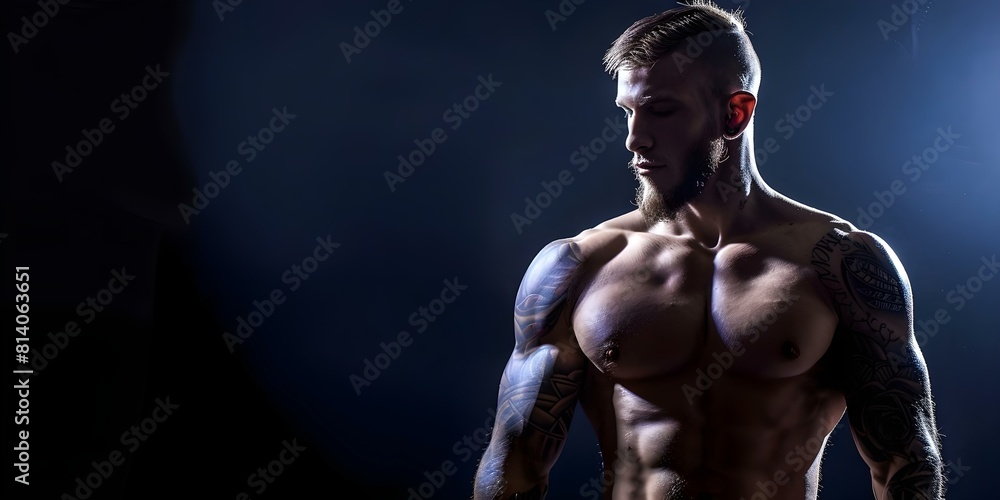 Photo of muscular man in tattoo studio against black background. Concept Muscular man, Tattoo Studio, Black Background, Portrait Photography Photo of muscular man in tattoo studio against black background. Concept Muscular man, Tattoo Studio, Black Background, Portrait Photography