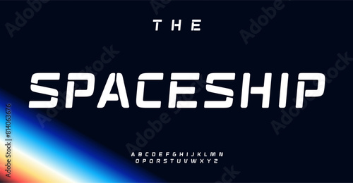 Stencil futuristic alphabet, bold streamlined letters for sci-fi themes, space exploration presentations, cutting-edge technology ads and space-themed interactive media. Vector typeset. photo