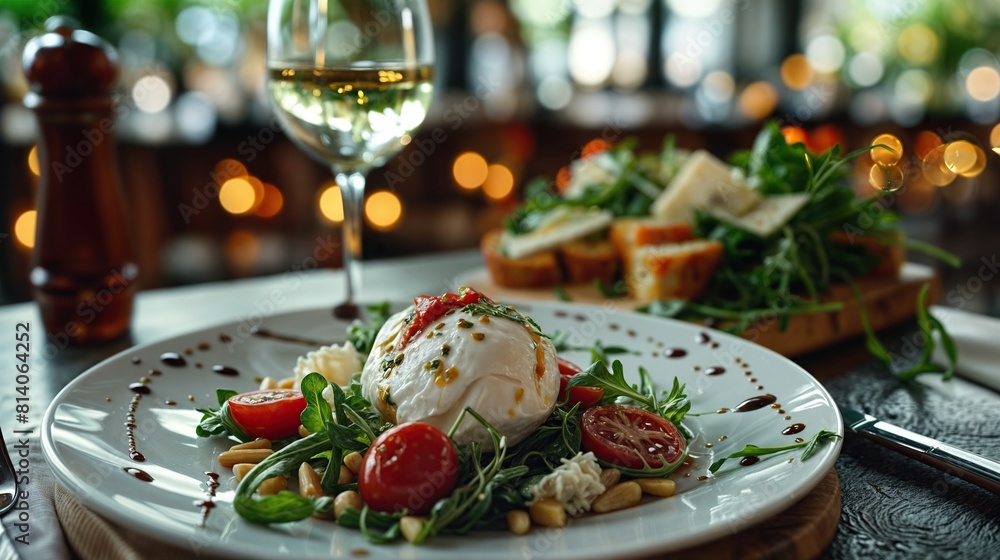 Elegant Italian dinner setting with burrata and wine Elegant Italian dinner setting with burrata and wine
