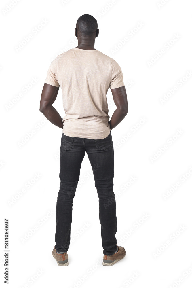 back view of a man with hands in front pockets on white background back view of a man with hands in front pockets on white background
