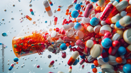 glass bottles - capsules fly out. Pharmacy bottle pill medicine, drug concept. photo