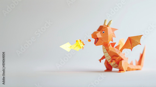 macro photography of cute miniature cardboard orange dragon spitting fire, on white background, space for copy text