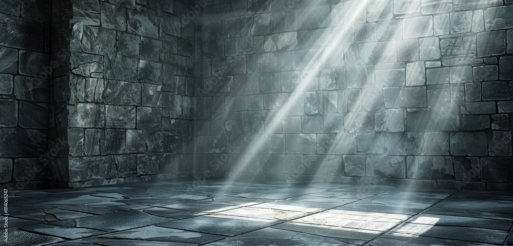 Fototapeta premium Serene vintage atmosphere in a slate grunge room with subtle sun rays.