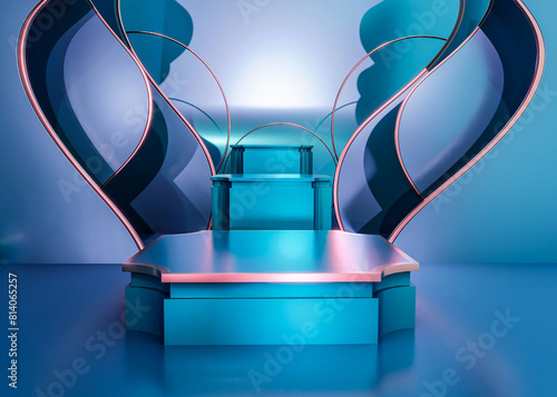 3D Illustration. Three empty podiums for product display presentation on an abstract background.