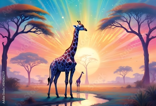 World Giraffe Day ,21 june, Giraffe in its inhabitant place sun light realistic glow add more Fantasy close up face asthetic photo