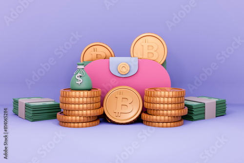 3D Illustration. Bitcoin coins, banknotes and a money bag with a wallet over an isolated background.